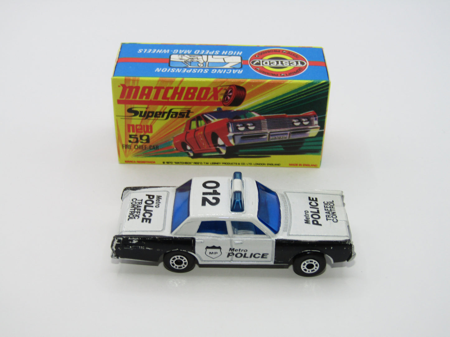Matchbox Superfast 59B Mercury Police Car Metro Police DK Blue Windows Silver Base