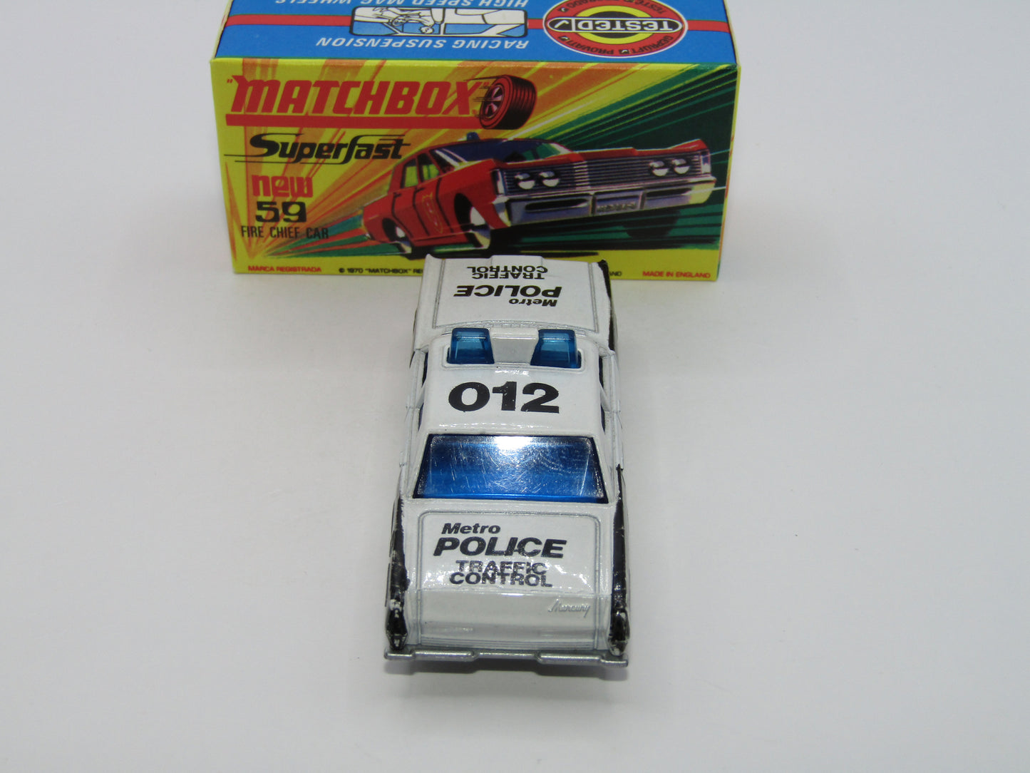 Matchbox Superfast 59B Mercury Police Car Metro Police DK Blue Windows Silver Base
