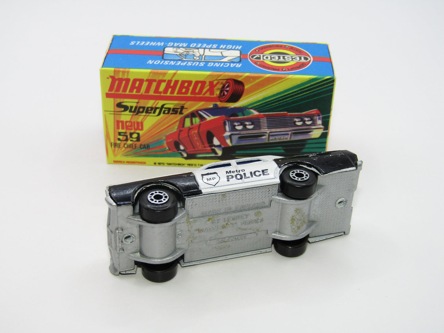 Matchbox Superfast 59B Mercury Police Car Metro Police DK Blue Windows Silver Base