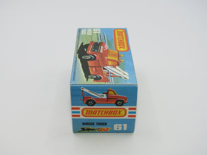 Matchbox Superfast 61B Wreck Truck LEMON YELLOW White Booms, BLACK Hooks