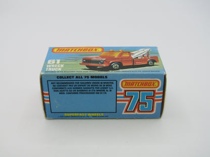 Matchbox Superfast 61B Wreck Truck LEMON YELLOW White Booms, BLACK Hooks