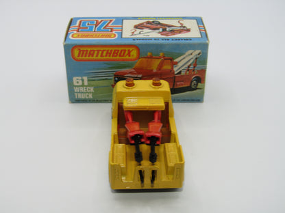 Matchbox Superfast 61B Wreck Truck Yellow Red Booms Black Hooks Unpainted Base