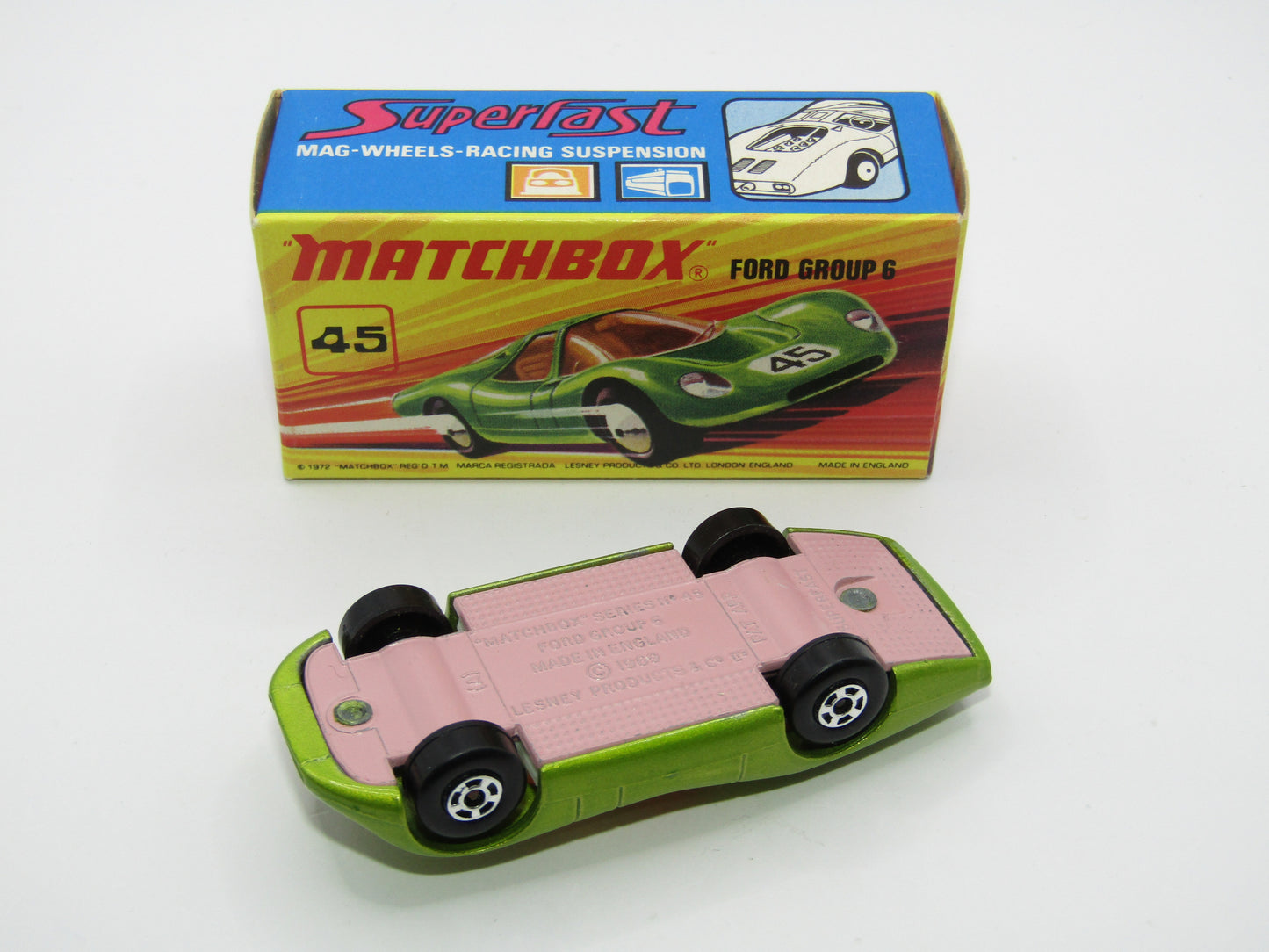 Matchbox Superfast 45A Ford Group 6 Lime Green PINK BASE Chrome Engine