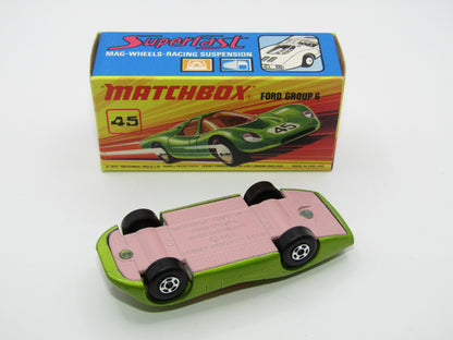 Matchbox Superfast 45A Ford Group 6 Lime Green PINK BASE Chrome Engine