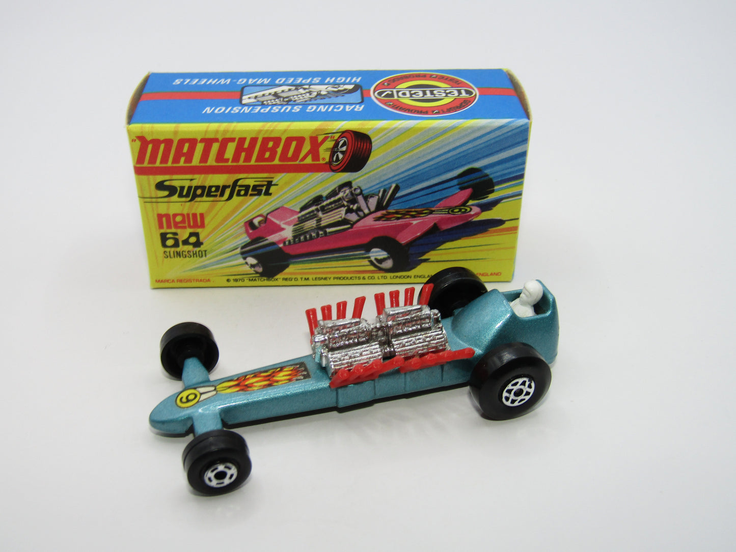 Matchbox Superfast 64B Slingshot Dragster Steel Blue WIDE Front Wheels