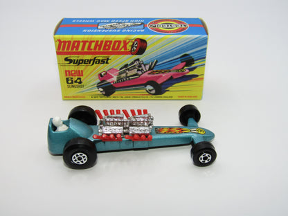 Matchbox Superfast 64B Slingshot Dragster Steel Blue WIDE Front Wheels