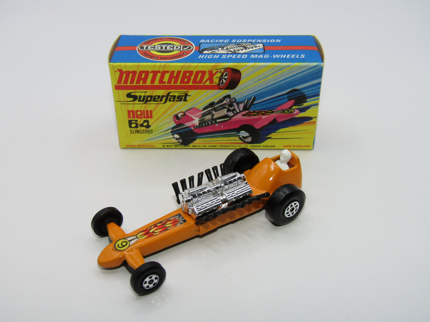 Matchbox Superfast 64B Slingshot Dragster ORANGE Black Engine Pipes