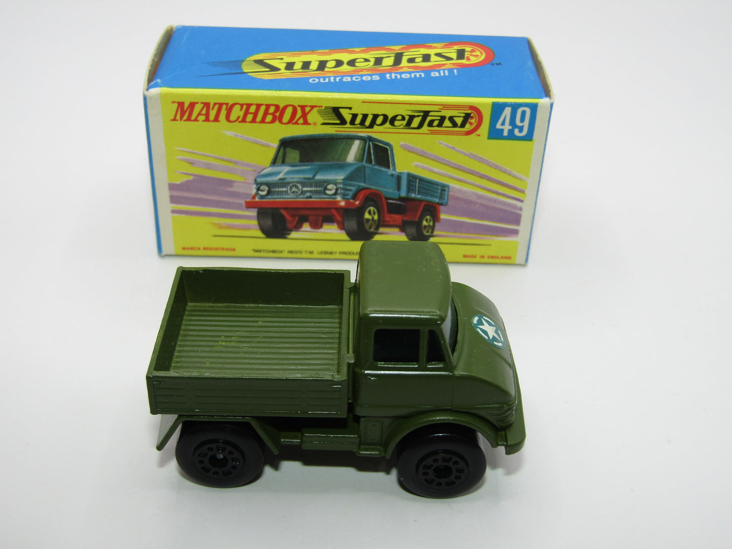 Matchbox Superfast 49A Unimog Olive Green, BRIGHT Green Star Label