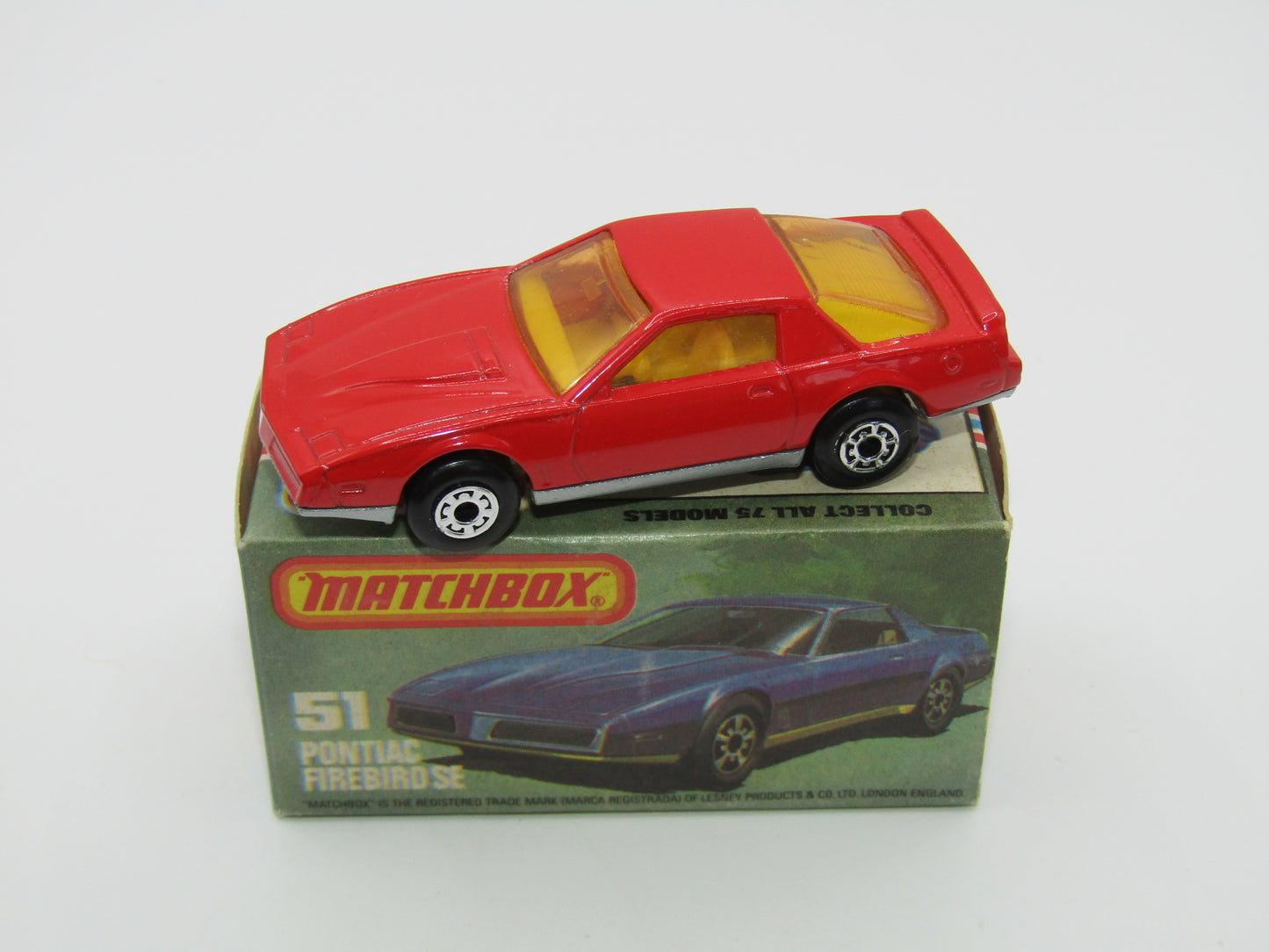 Matchbox Superfast 51D Pontiac Firebird SE YELLOW Interior AMBER Windows