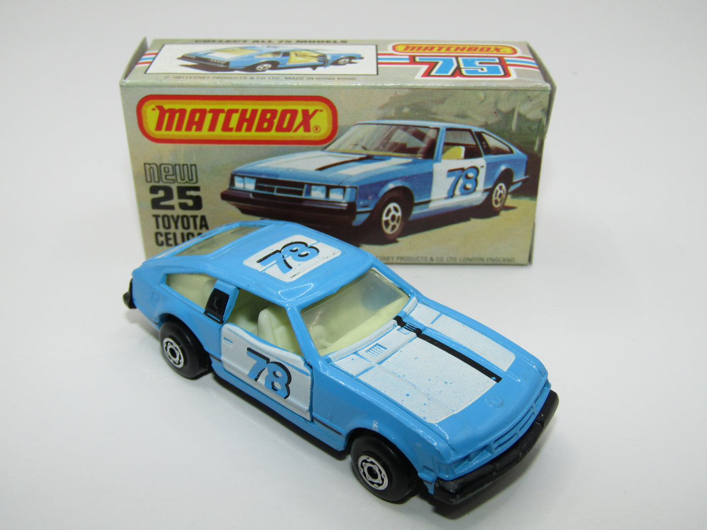 Matchbox Superfast No 25D Toyota Celica GT WHITE Interior & MC Wheels USA Picture Box