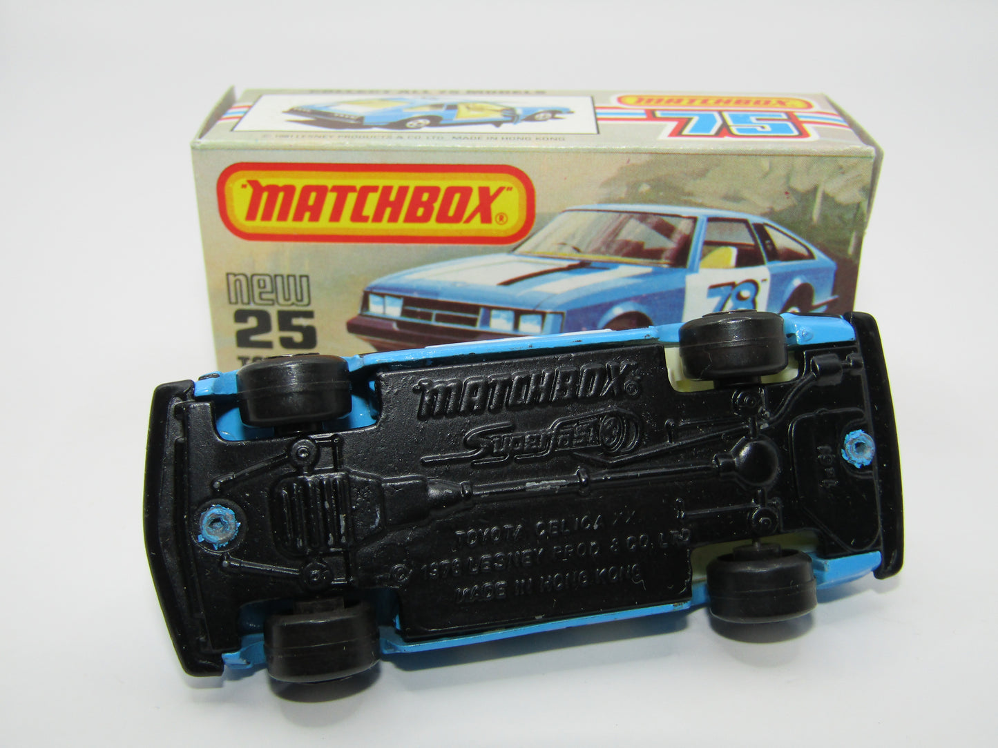 Matchbox Superfast No 25D Toyota Celica GT WHITE Interior & MC Wheels USA Picture Box