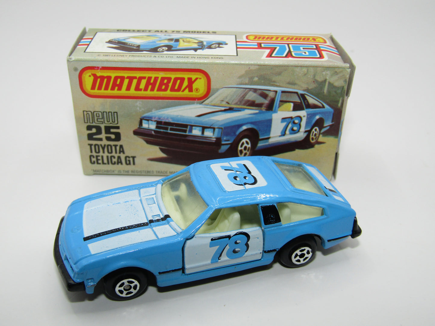 Matchbox Superfast No 25D Toyota Celica GT WHITE Interior & 5 Spoke Wheels USA Picture Box