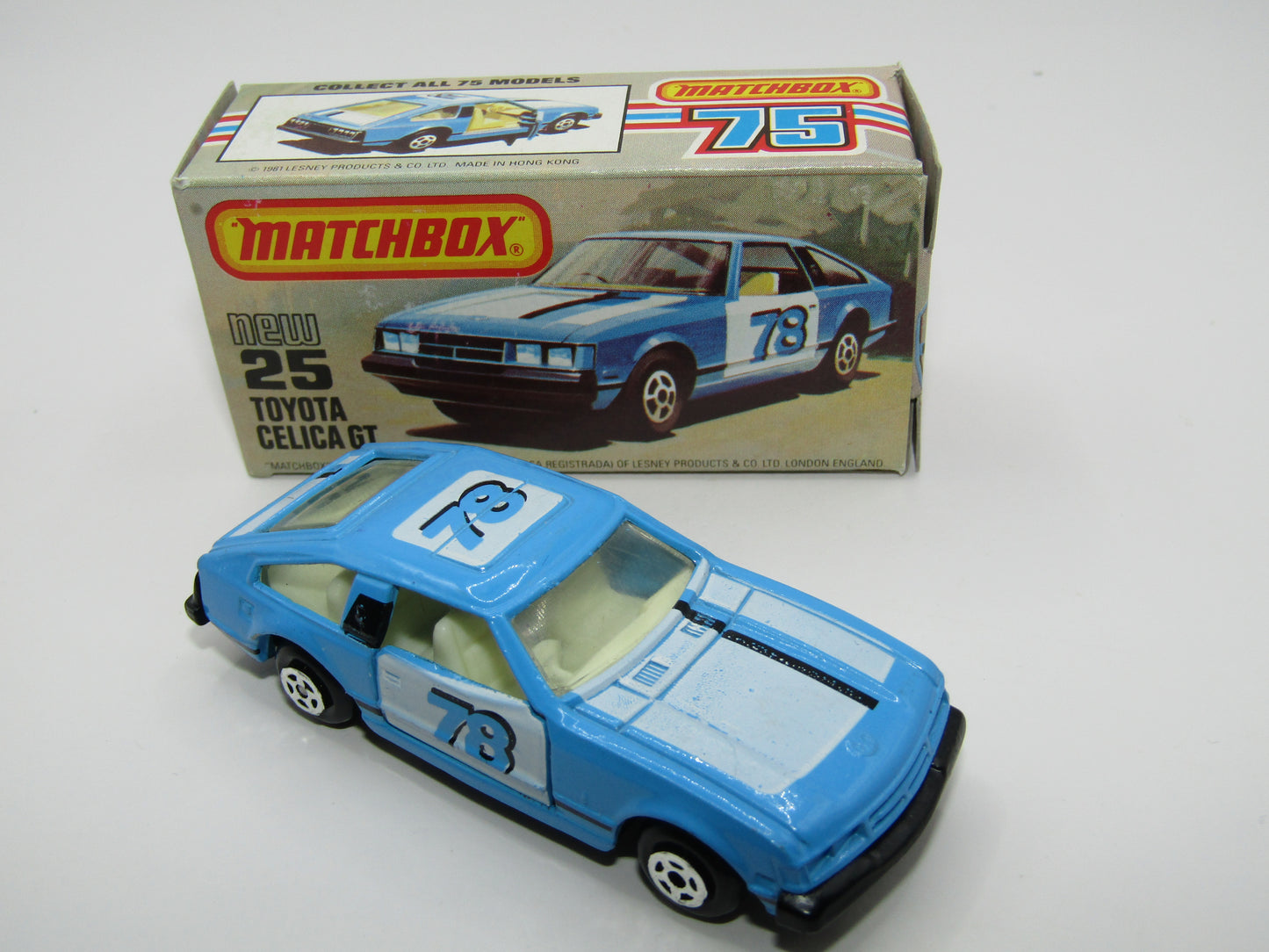 Matchbox Superfast No 25D Toyota Celica GT WHITE Interior & 5 Spoke Wheels USA Picture Box