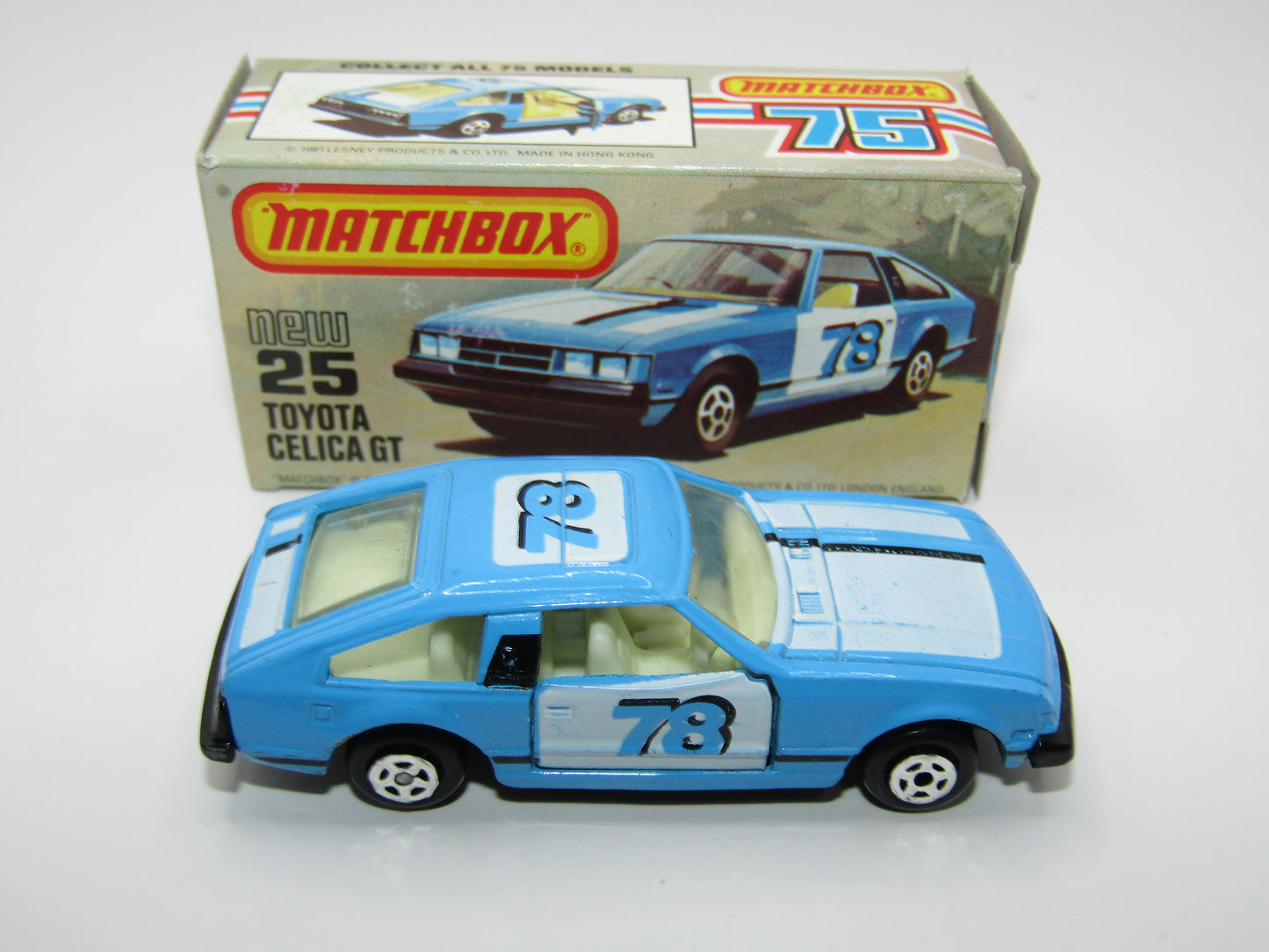Matchbox Superfast No 25D Toyota Celica GT WHITE Interior & 5 Spoke Wheels USA Picture Box
