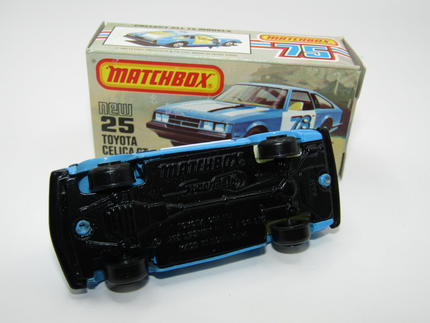 Matchbox Superfast No 25D Toyota Celica GT WHITE Interior & 5 Spoke Wheels USA Picture Box