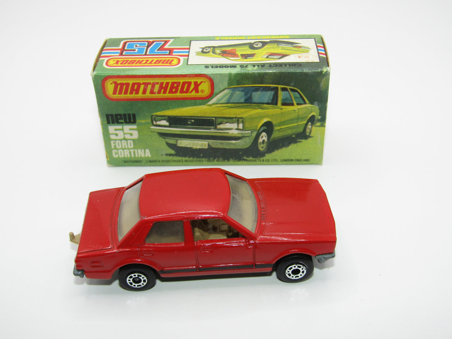 Matchbox Superfast 55D Ford Cortina Red DARK TAN Interior Black Stripe