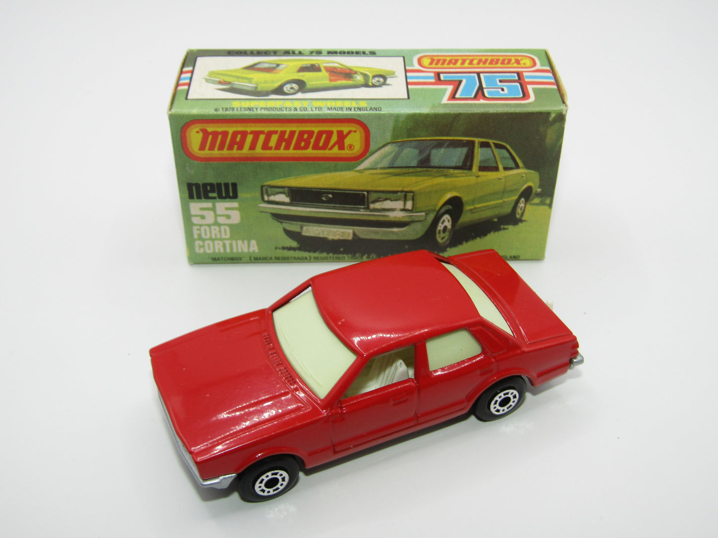 Matchbox Superfast 55D Ford Cortina Red GLOW Windows Silver Base