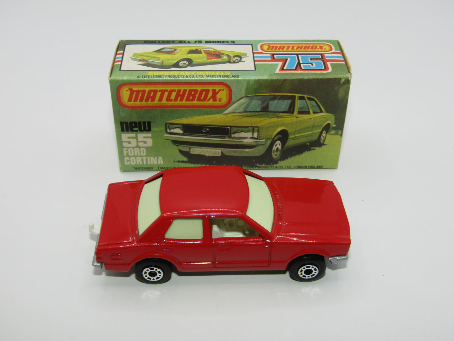 Matchbox Superfast 55D Ford Cortina Red GLOW Windows Silver Base