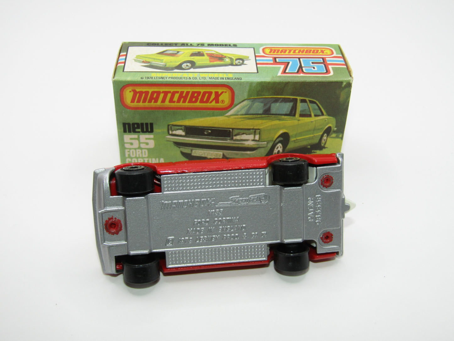 Matchbox Superfast 55D Ford Cortina Red GLOW Windows Silver Base