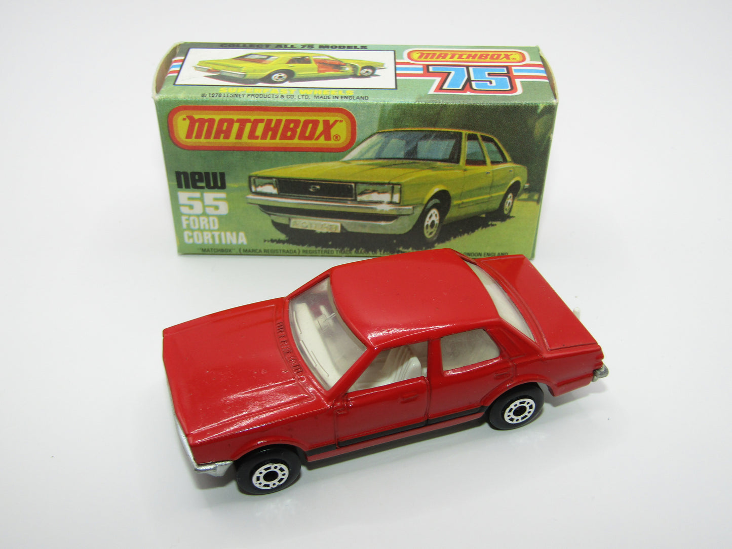 Matchbox Superfast 55D Ford Cortina Red White Int Unp Base Black Stripe