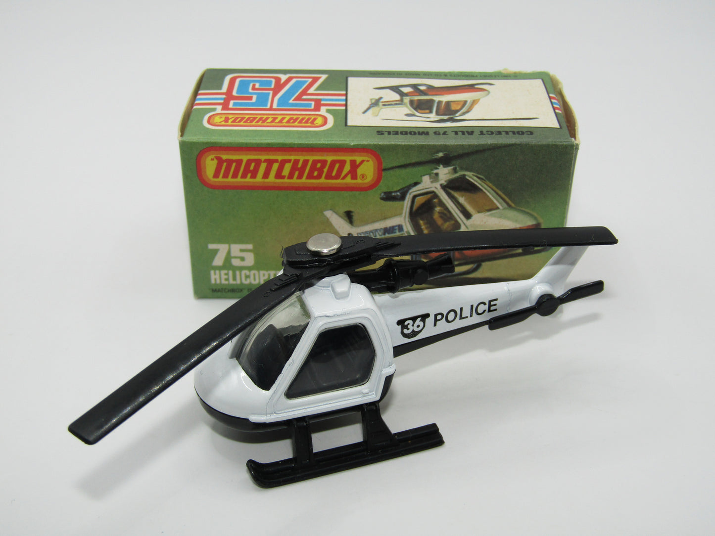 Matchbox Superfast 75D Helicopter "36 Police Tampo" Clear Windows, Black Legs