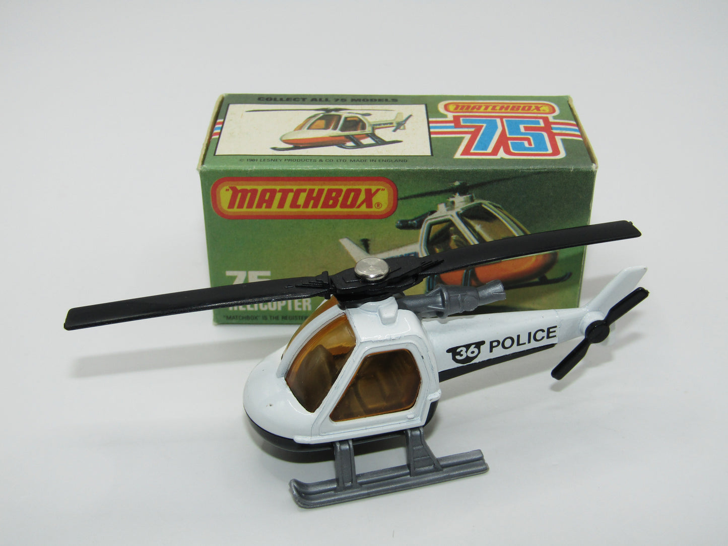Matchbox Superfast 75D Helicopter "36 Police Tampo" Amber Windows and Silver Legs