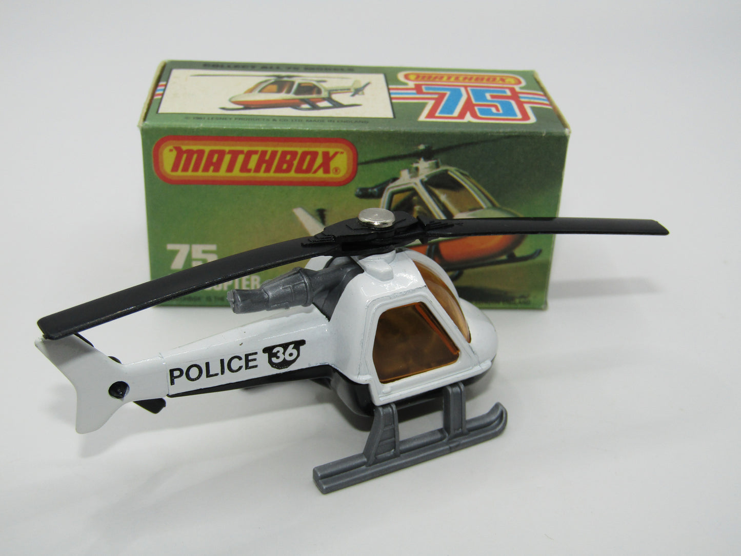 Matchbox Superfast 75D Helicopter "36 Police Tampo" Amber Windows and Silver Legs