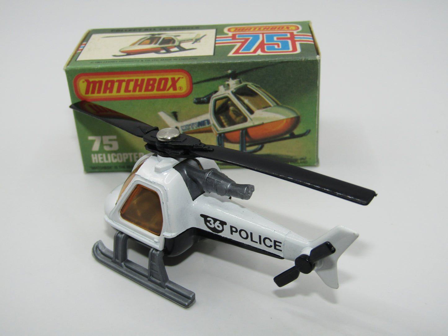 Matchbox Superfast 75D Helicopter "36 Police Tampo" Amber Windows and Silver Legs