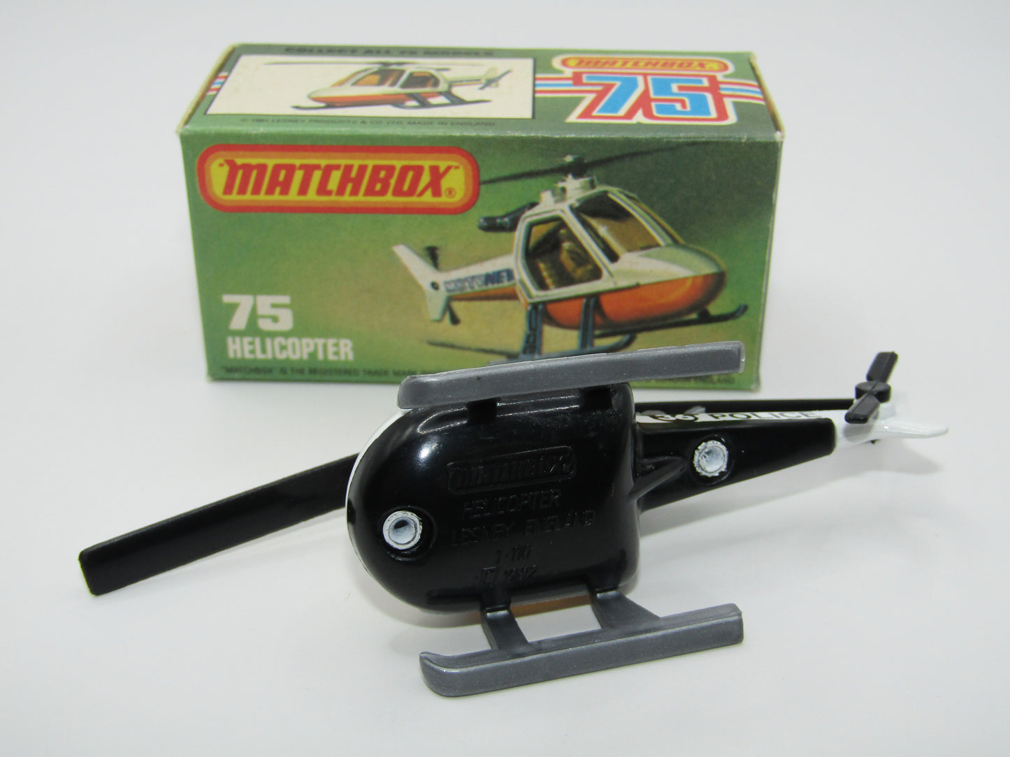Matchbox Superfast 75D Helicopter "36 Police Tampo" Amber Windows and Silver Legs
