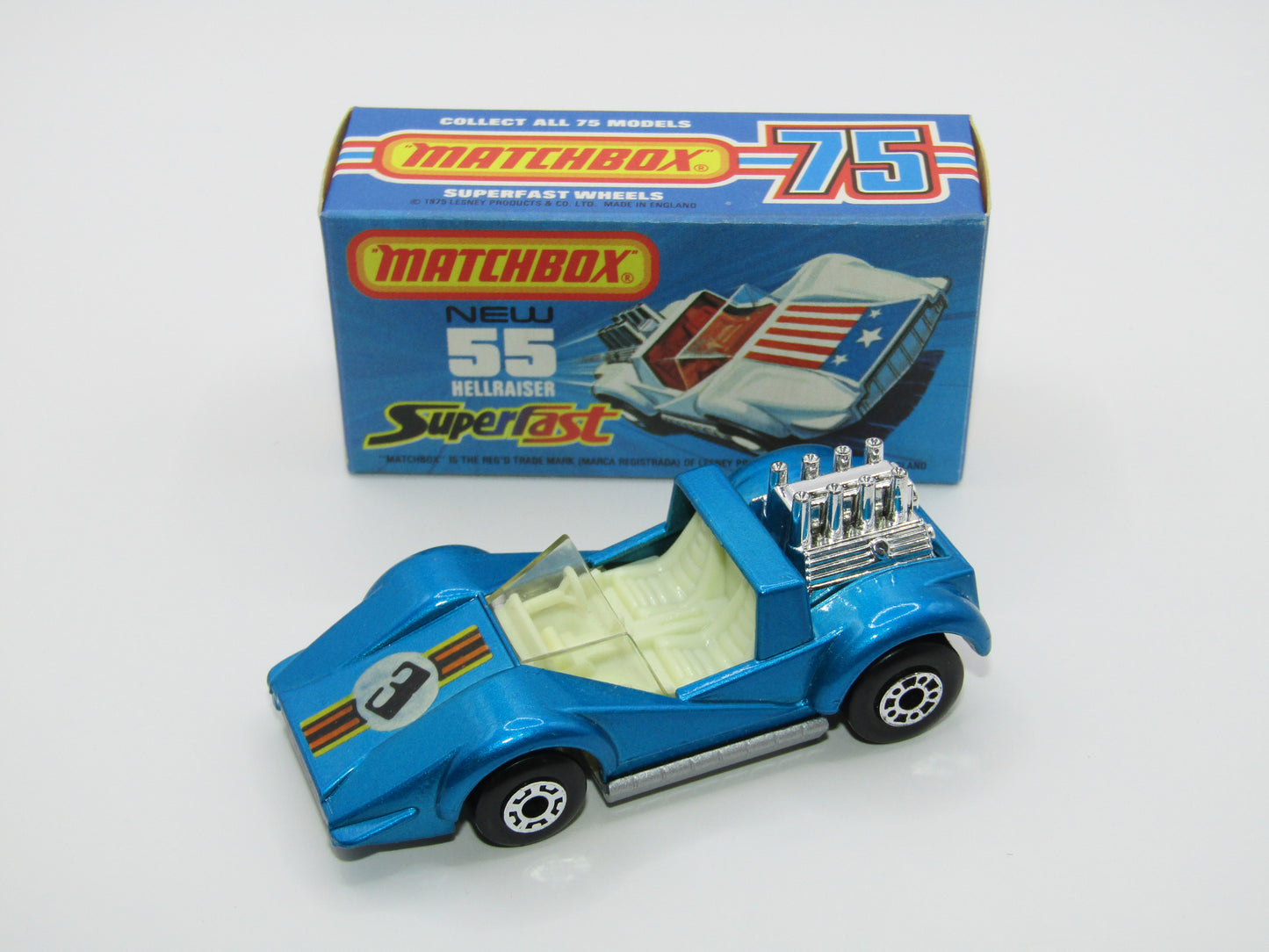 Matchbox Superfast 55C Hellraiser Blue "3" Label, Silver Base