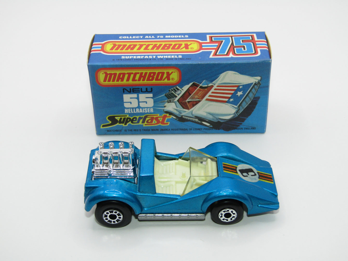 Matchbox Superfast 55C Hellraiser Blue "3" Label, Silver Base
