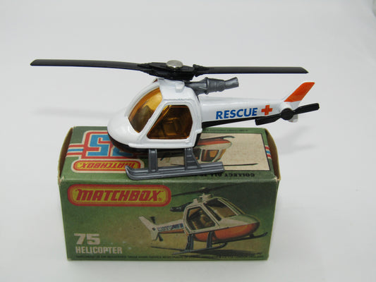 Matchbox Superfast 75D Helicopter "Recue Tampo" Amber Glass and Silver Legs