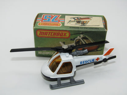 Matchbox Superfast 75D Helicopter "Recue Tampo" Amber Glass and Silver Legs
