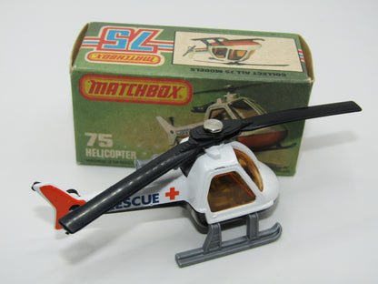 Matchbox Superfast 75D Helicopter "Recue Tampo" Amber Glass and Silver Legs