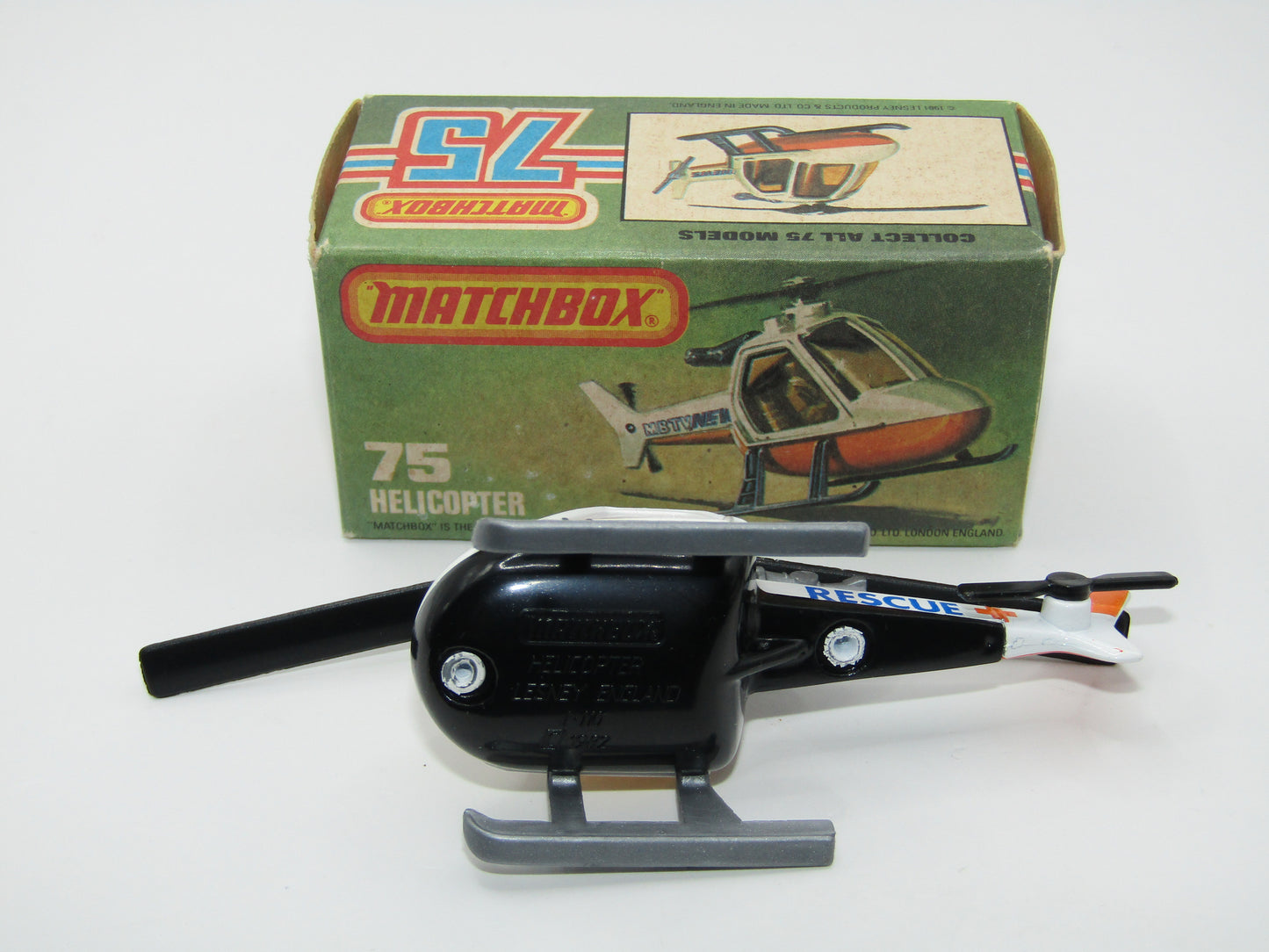 Matchbox Superfast 75D Helicopter "Recue Tampo" Amber Glass and Silver Legs