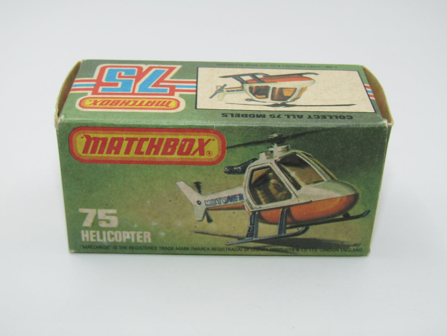 Matchbox Superfast 75D Helicopter "Recue Tampo" Amber Glass and Silver Legs