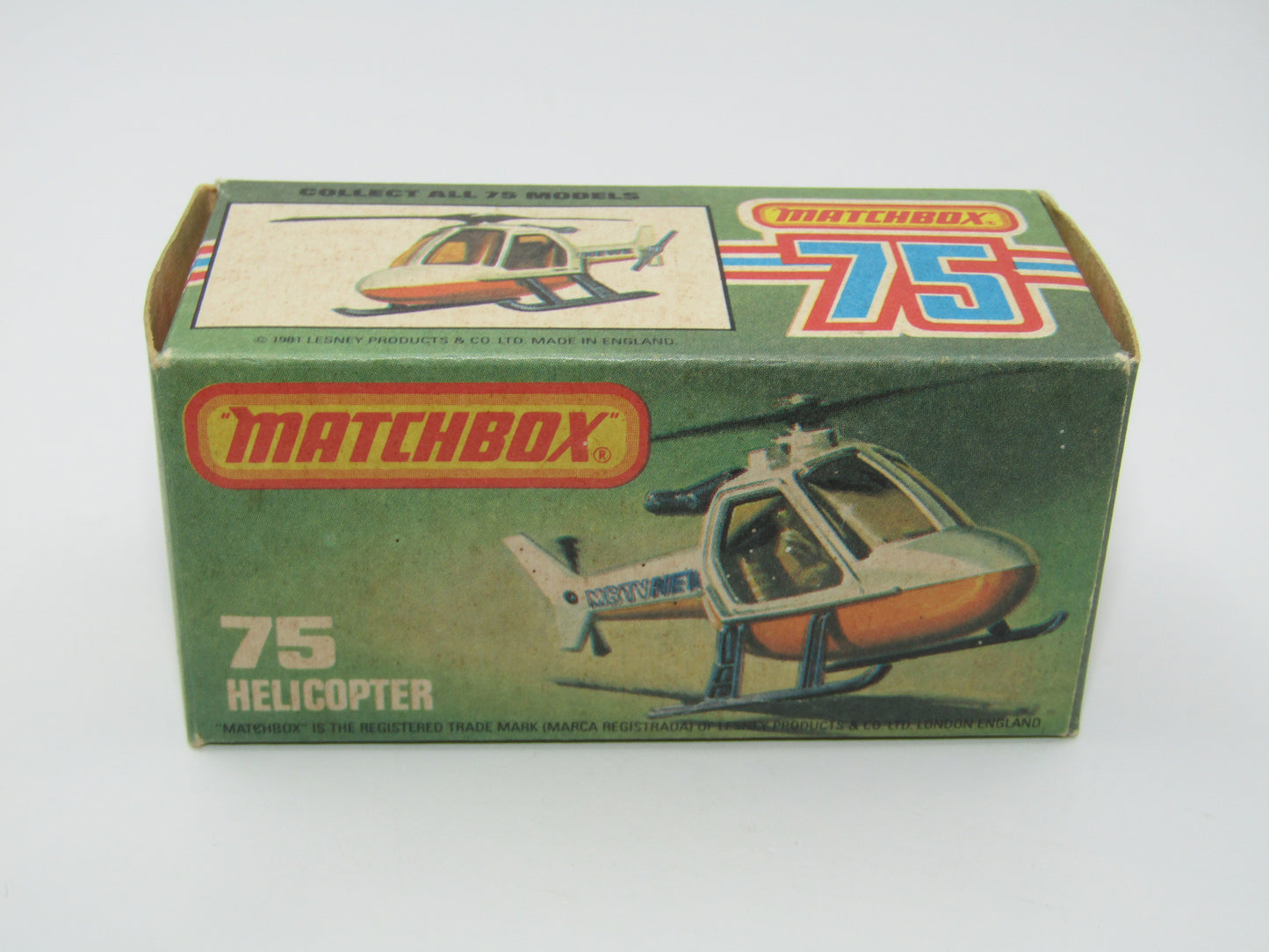 Matchbox Superfast 75D Helicopter "Recue Tampo" Amber Glass and Silver Legs
