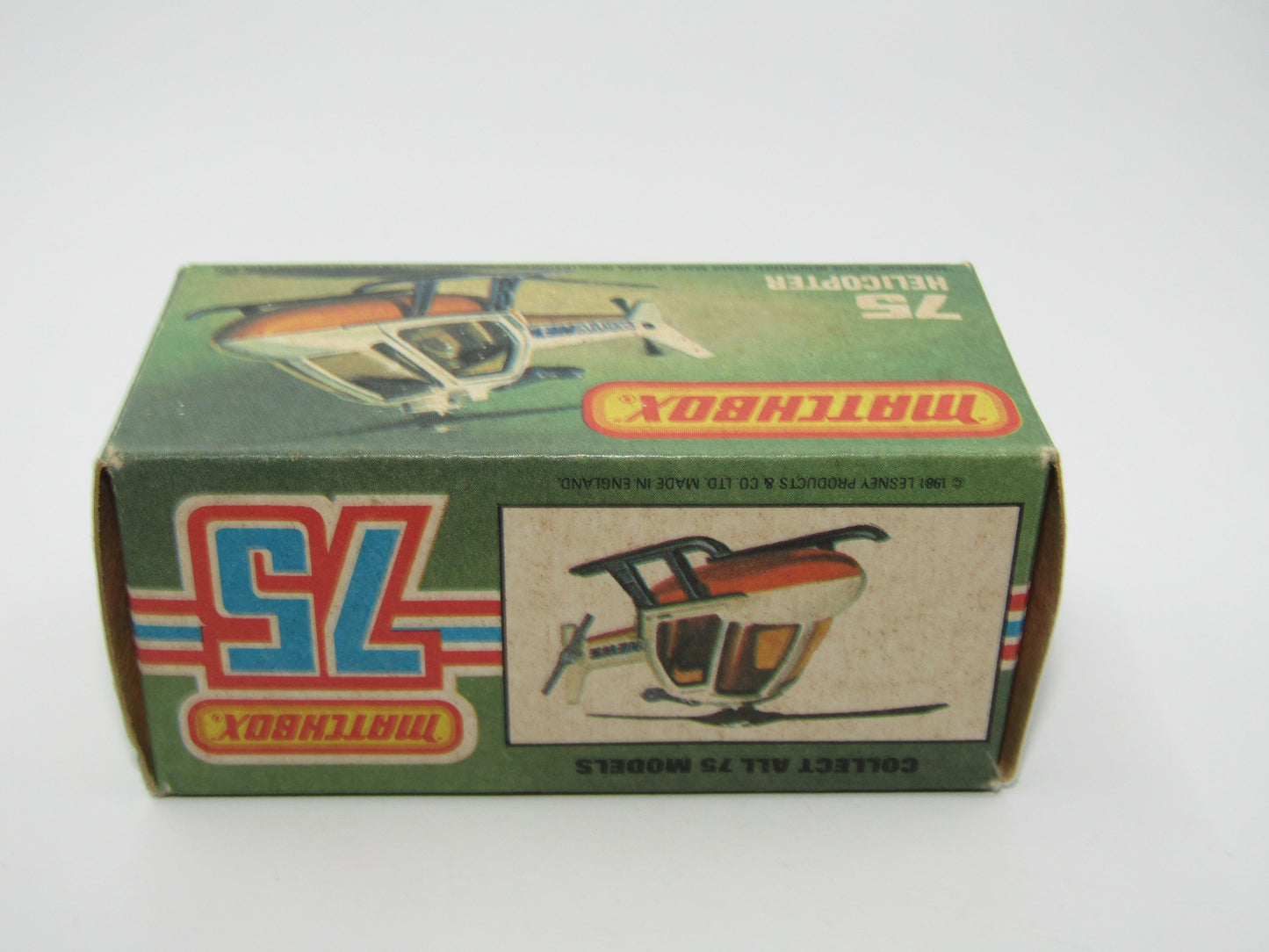 Matchbox Superfast 75D Helicopter "Recue Tampo" Amber Glass and Silver Legs