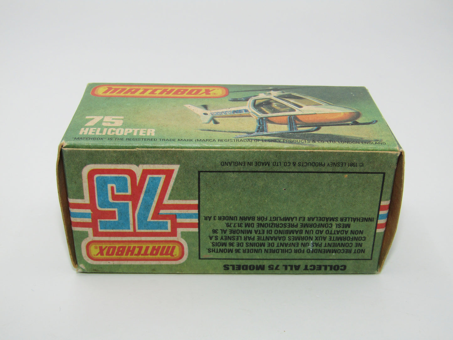 Matchbox Superfast 75D Helicopter "Recue Tampo" Amber Glass and Silver Legs
