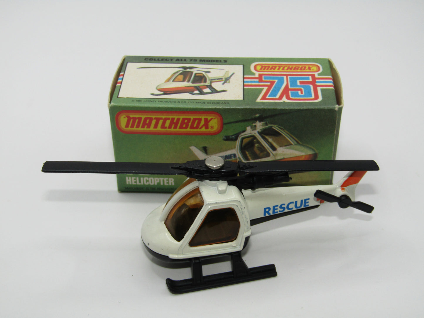Matchbox Superfast 75D Helicopter "Recue Tampo" Amber Glass and Black Legs
