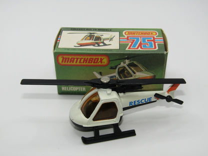 Matchbox Superfast 75D Helicopter "Recue Tampo" Amber Glass and Black Legs