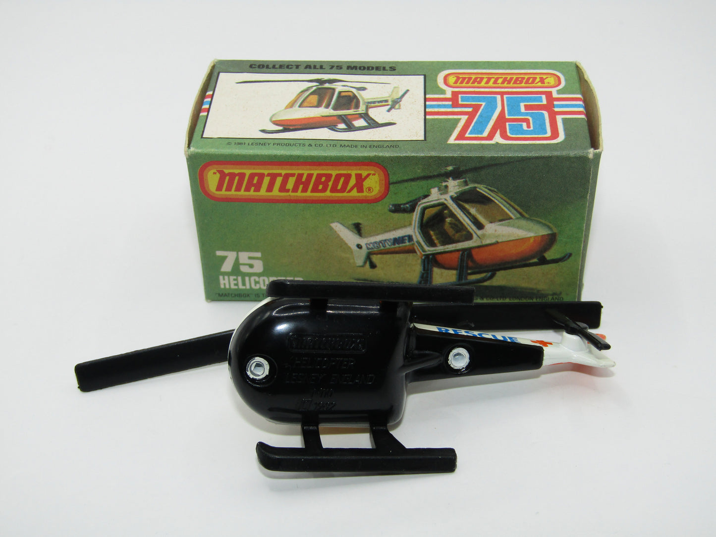 Matchbox Superfast 75D Helicopter "Recue Tampo" Amber Glass and Black Legs