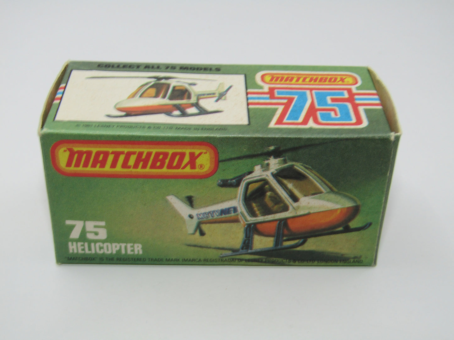 Matchbox Superfast 75D Helicopter "Recue Tampo" Amber Glass and Black Legs