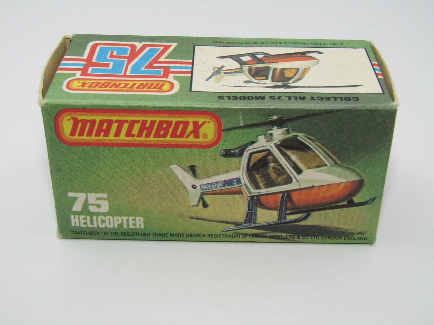 Matchbox Superfast 75D Helicopter "Recue Tampo" Amber Glass and Black Legs