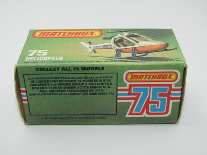 Matchbox Superfast 75D Helicopter "Recue Tampo" Amber Glass and Black Legs