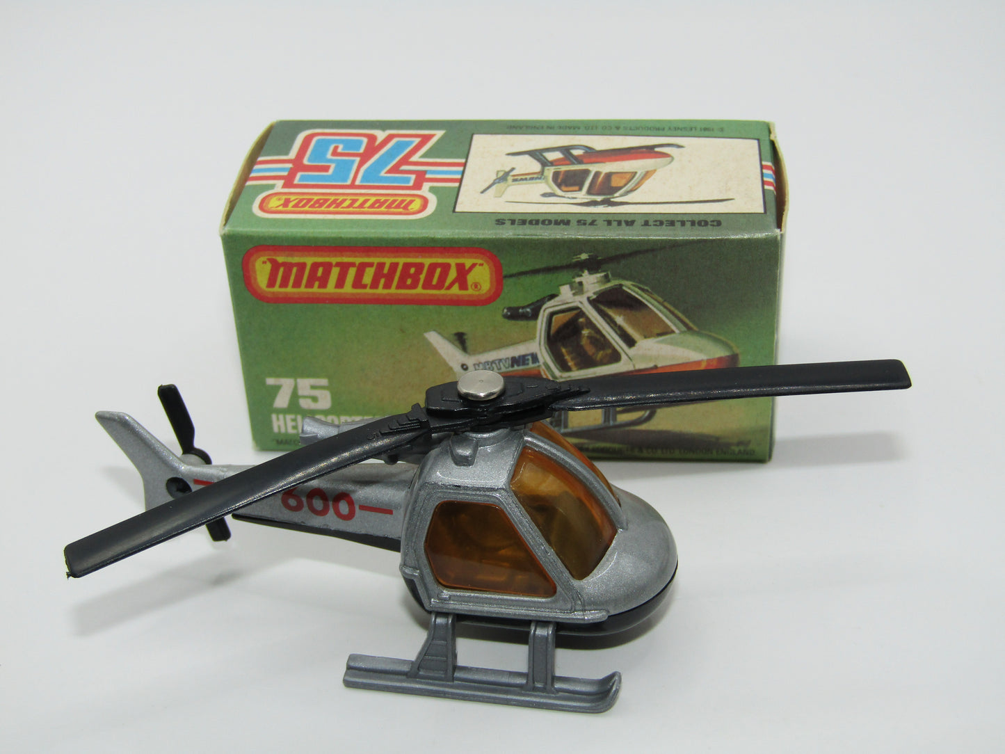 Matchbox Superfast 75D Helicopter "600 Tampo" Amber Glass and Silver Legs