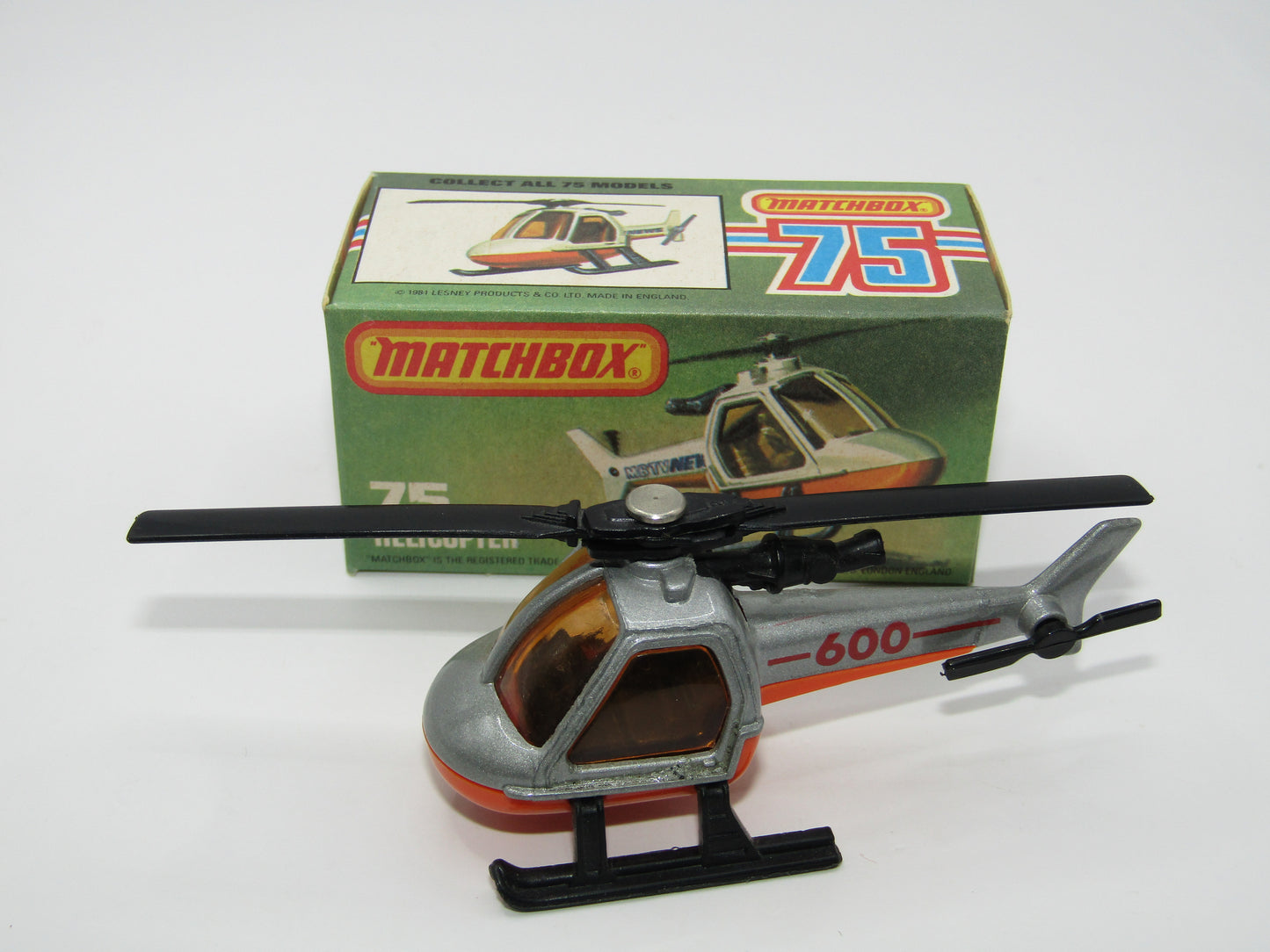 Matchbox Superfast 75D Helicopter "600 Tampo" Amber Glass, Black Legs Orange Base