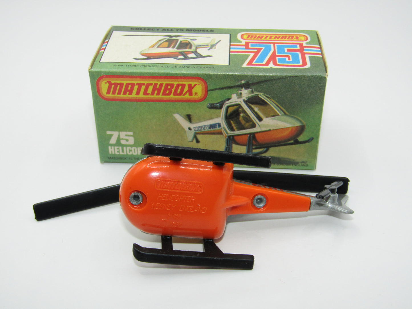 Matchbox Superfast 75D Helicopter "600 Tampo" Amber Glass, Black Legs Orange Base