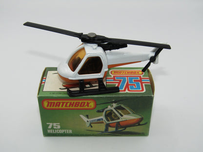 Matchbox Superfast 75D Helicopter "NO TAMPO" Amber Glass, Black Legs Orange Base