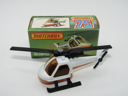 Matchbox Superfast 75D Helicopter "NO TAMPO" Amber Glass, Black Legs Orange Base